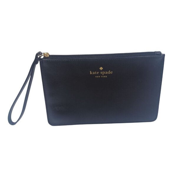 kate spade Handbags - NWOT New Kate Spade Leather Wristlet Clutch Zipper Pouch Black and Gold